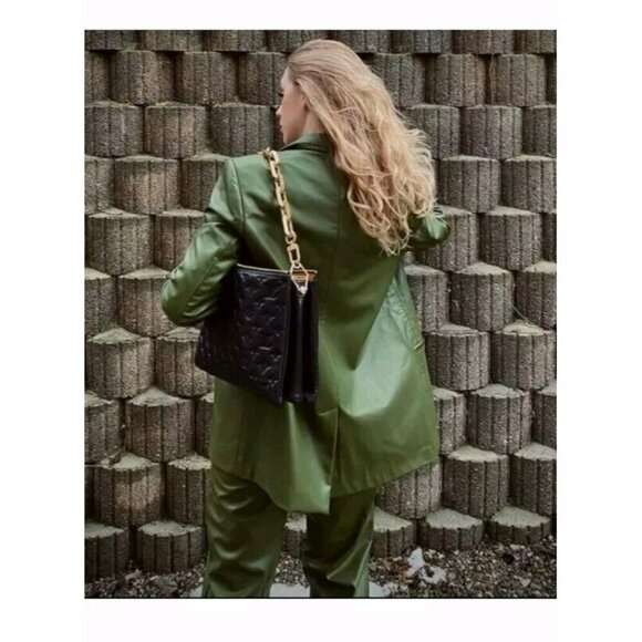 Zara Faux Leather Blazer Jacket Olive Green Size M 4432 740 - Picture 11 of 11